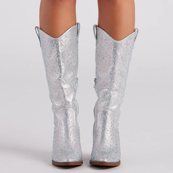 NEW🔥 Bling Jeweled Rhinestone Pointed-Toe Western Cowboy CowGirl Boot Knee-High - Picture 7 of 8